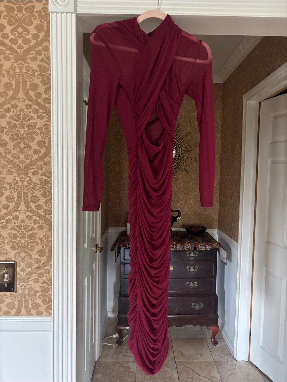 Bardot Burgundy Ruched Midi Dress
